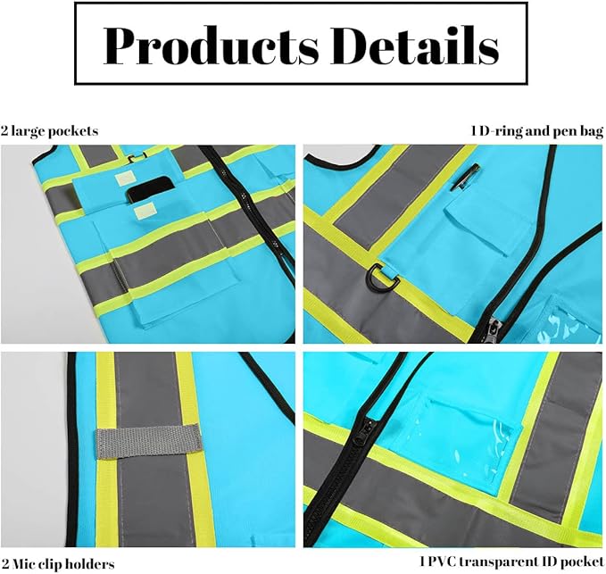 Safety Vest Customize Logo with 5 Pockets & Zipper Reflective High Visibility Vest Class 2 Outdoor Workwear