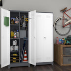 LUCYPAL Metal Garage Storage Cabinet,Broom Closet Storage Cabinet with Locking Doors and Shelves,Cleaning Tool Cabinets with Hanging Rods for Kitchen,Garage,White&Grey 65" H