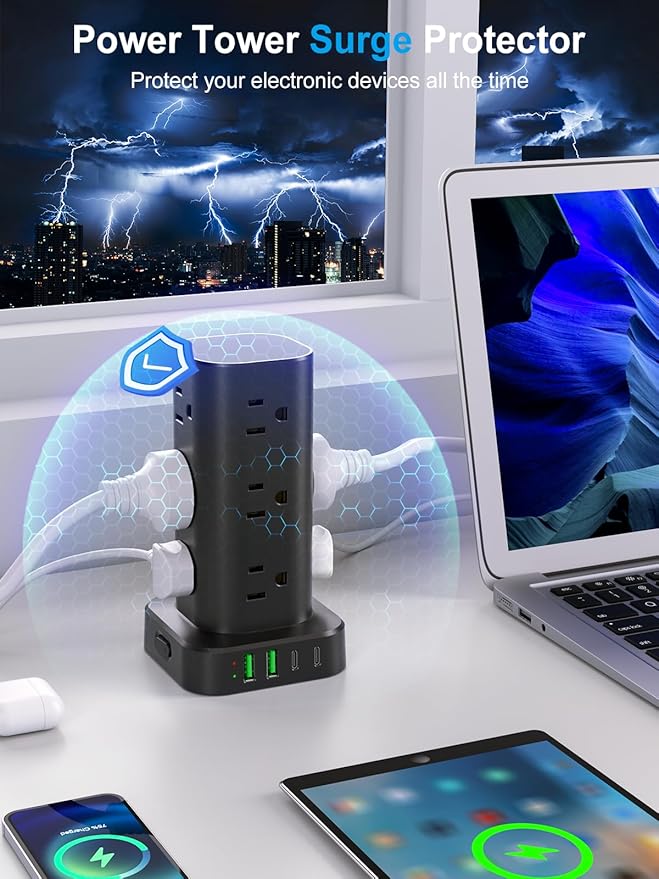 Power Strip Tower with Multiple Outlets, Flat Plug Surge Protector Tower Extension Cord with 12 AC Outlets 4 USB Ports (2 USB C), 6FT Cord Power Tower Surge Protector for Home Office Dorm Room, Black