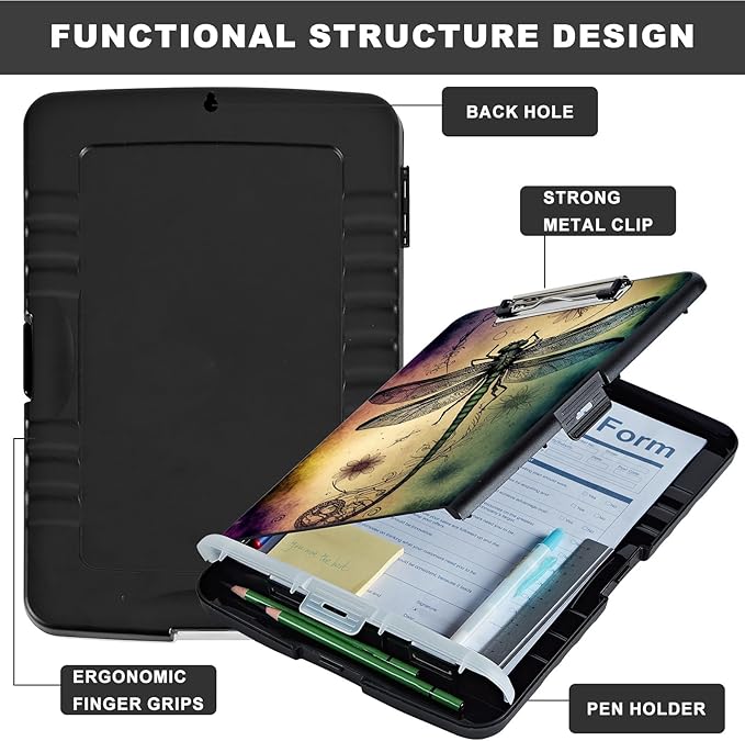 Clipboard with Storage,Heavy Duty Plastic Storage Clipboard with Low Profile Clip,Teacher Must Haves,Office Supplies,Dragonfly Sunflower