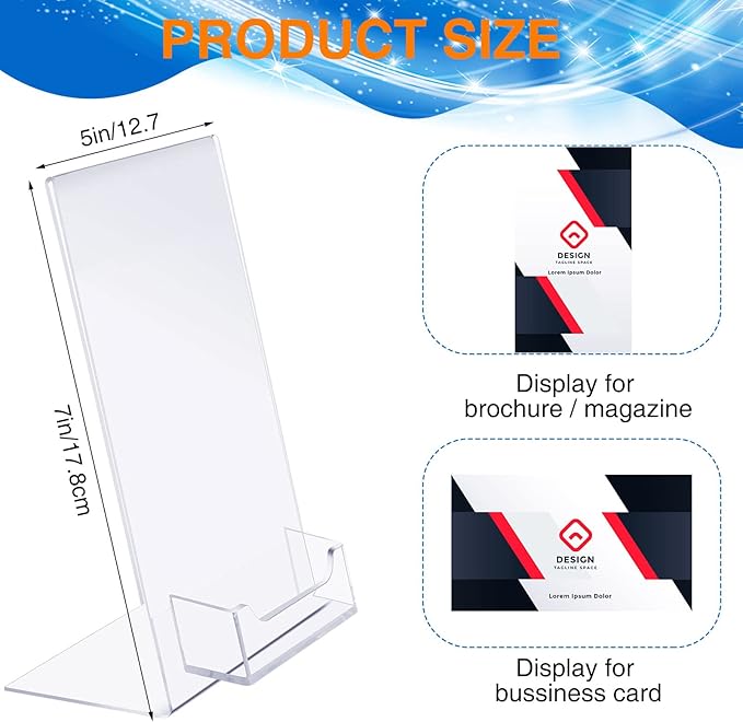 Remerry 12 Pcs Acrylic Sign Holder with Business Card Holder Slanted Paper Stand Clear Brochure Display Stand Heavy Duty Plastic Signs for Office Table Advertisement Flyer (5 x 7 Inch)