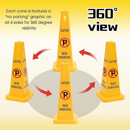 10 Pack No Parking Cones 26.38 Inch Four Sided Visibility Traffic Safety Cone No Parking Sign Floor Standing Yellow for Lawn, Driveway, Garage, Yard, Fire Lane, Construction, Street