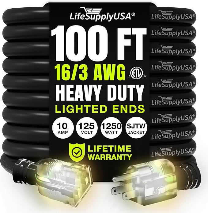 100ft Outdoor/Indoor Extension Cord 16/3 Gauge Heavy Duty 3 Prong SJTW, Waterproof, ETL Listed, Flexible Cold-Resistant Long Power Cord,10A 125V 1250W, Black by LifeSupplyUSA