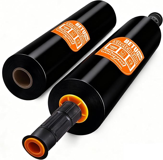Black Stretch Film Shrink Wrap for Moving Supplies (15inch, 2 Pack) x 1000ft, Industrial Strength Plastic Wrap Stretch Roll for Pallet Wrapping Shipping Moving Boxes Storage Furniture with Handles