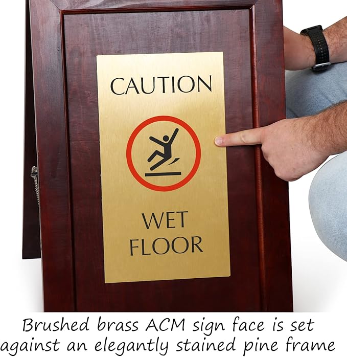 SmartSign (2-Pack) Premium "Caution Wet Floor" Wooden A-Frame Standing Floor Sign with Symbol, 2-Sided, 24" x 15", Hardwood Pine Frame, 120 mil Brass ACM Sign Face, Black on Gold, Made in USA