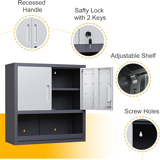 Wall Mounted Cabinet with Locking Doors, Open Shelf, Metal Hanging Garage Storage Cabinet, Adjustable Floating Upper Tool Cabinets for Shop, Kitchen, Bathroom (Grey, 30''W x 12''D x 30''H)