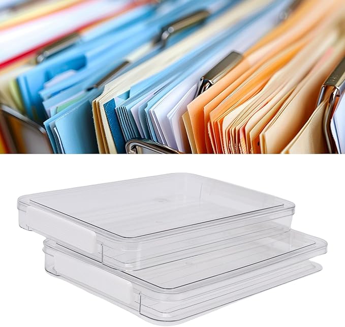 Luqeeg 2Pcs Flat Plastic File Storage Bins, Transparent Stackable Portable Project Box, Document Organizer with Latching Lids for Organizing A4 Paper Photo Scrapbook Notebook