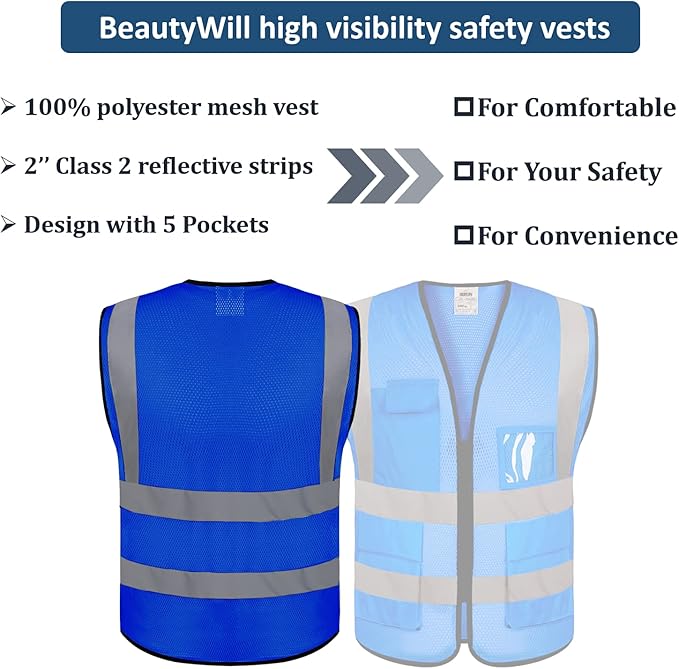 BeautyWill 5 Pack Mesh Safety Vest Custom Logo Class 2 High Visibility Reflective Vest with Pockets Construction Security Work Vest Blue