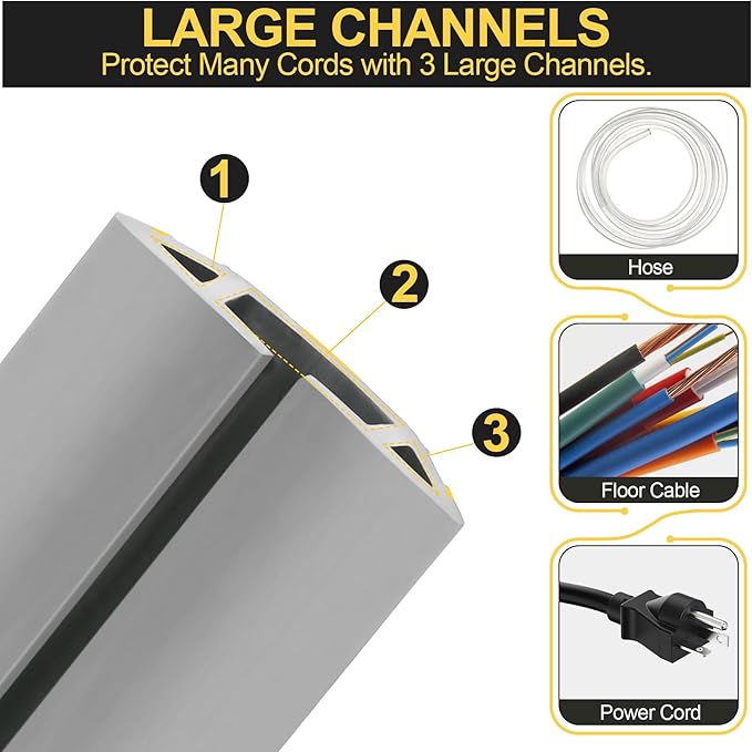 MYFAMIREA 20FT Floor Cord Cover Heavy Duty Cable Cover Protector 3 Channels Extension PVC Floor Wire Cover Outdoor Cord Hider Management Cord Cover for Wire on Floor Home Outdoor (2PCS 10FT, Grey)