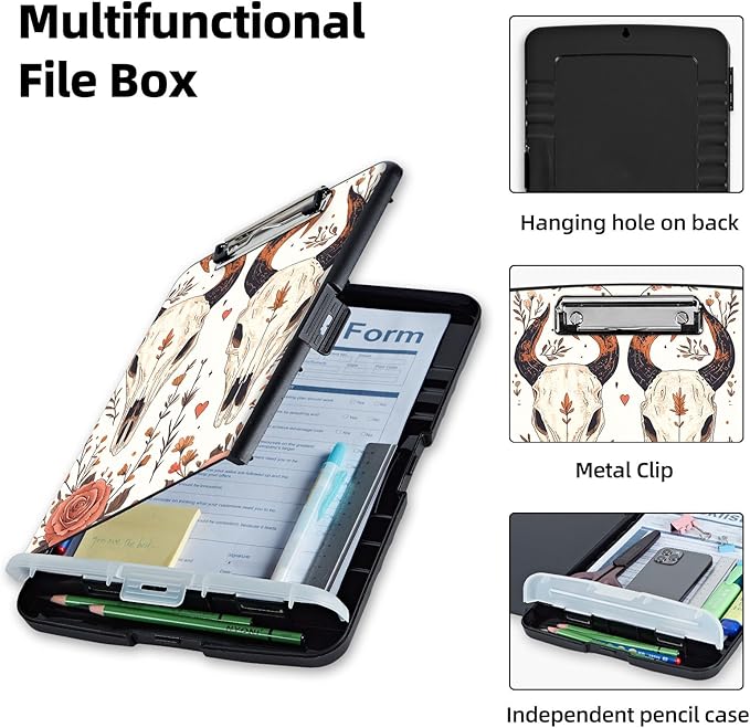Clipboard with Storage Box & Pen Holder,Heavy Duty Clip Boards 8.5x11 for Nursing,High Capacity,School & Office Supplies,Bull Skull Floral