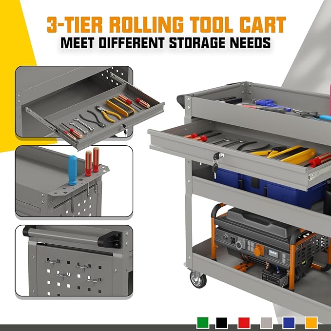 3 Tier Rolling Tool Cart on Wheels, 450 LBS Capacity Tool Cart with Drawers, Heavy Duty Rolling Utility Cart on Wheels, Rolling Tool Work Carts for Garage, Warehouse and Repair Shop,Grey