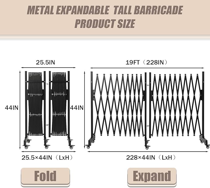 18 FT 44" High Industrial Metal Expandable Barricade，Retractable Traffic Fence with Casters, Folding Security Gate,Portable Barricade Gate for Construction Area, Traffic Control,Driveway and Garden
