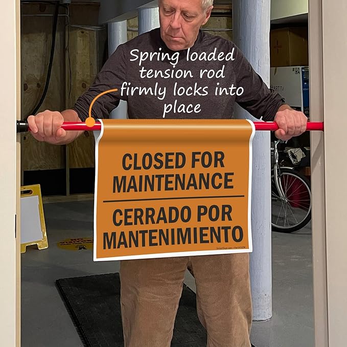 SmartSign "Closed For Maintenance" Bilingual Hanging Doorway Barricade Sign, Spring-loaded Adjustable Twist-To-Tighten Aluminum Pole & 11.25" x 18" Vinyl Sign Kit, Black/Orange, USA-Made