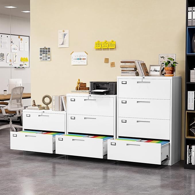 File Cabinet 4 Drawer, Lateral Filing Cabinet with Lock, Metal File Cabinets for Home Office, Office Cabinet for Hanging Files Letter/Legal/F4/A4, Assembly Required, White