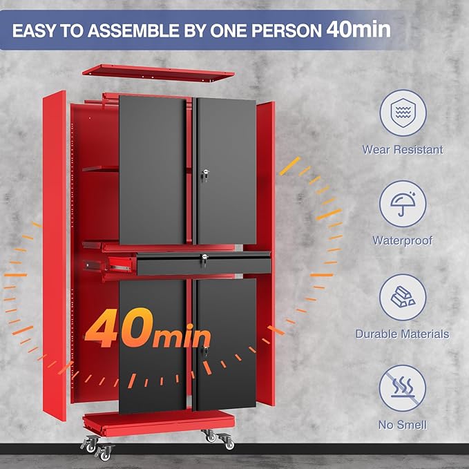 73" Metal Garage Storage Cabinet with Wheels， Rolling Tool Storage with Locking Doors， Adjustable Shelves and Drawer, Heavy Duty Steel Tool Cabinet for Garage, Warehouse, School(Red Black)