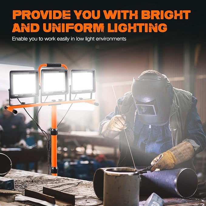 21000 Lumen Work Lights with Stand, 3 Adjustable Head LED Work Light, with Adjustable and Foldable Tripod Stand, Waterproof Lamp with Individual Switch with 6500 Kelvin Color (3-Head-Orange)