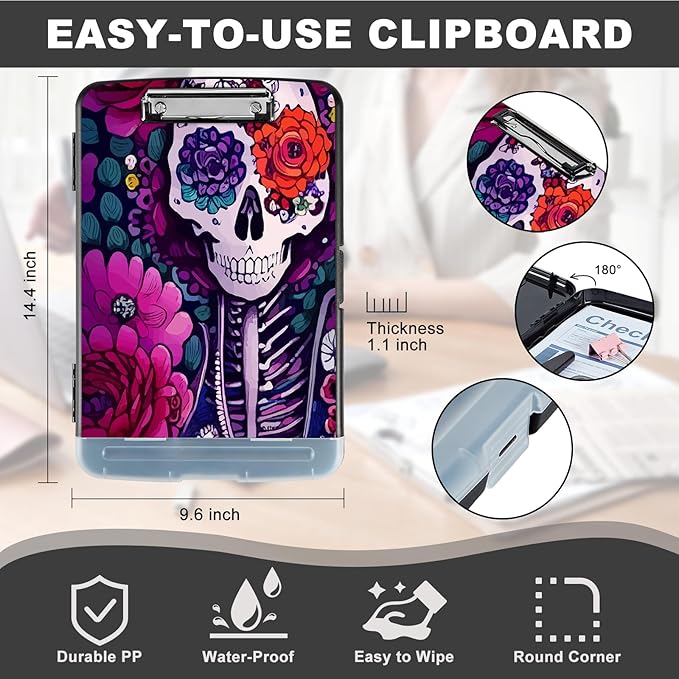 Clipboard with Storage,Heavy Duty Plastic Storage Clipboard with Low Profile Clip,Teacher Must Haves,Office Supplies,Skeleton Rose Flowers