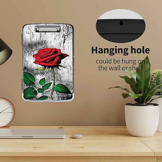 Clipboard with Storage High Capacity Plastic Nursing Clipboards with Pen Holder File Folder Storage Box Clipboard with Heavy Duty Clips for Teacher,Doctor,Offices-Elegant Red Rose