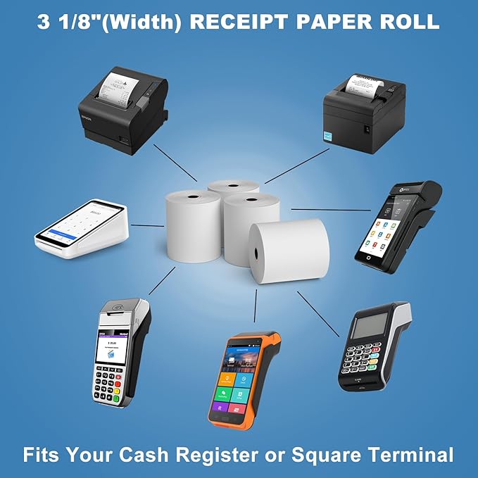 3 1/8 x 230ft Thermal Paper 32 Rolls - 80mm Receipt Cash Register Paper, Fits Credit Card POS Square Terminal Printer - Fits Star Micronics TSP100 TSP143 Epson