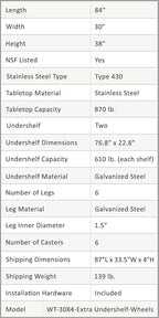 AmGood Stainless Steel Work Table with 2 Shelves and Casters | Metal Utility Table On Wheels (Stainless Steel, 84" Long x 30" Deep)