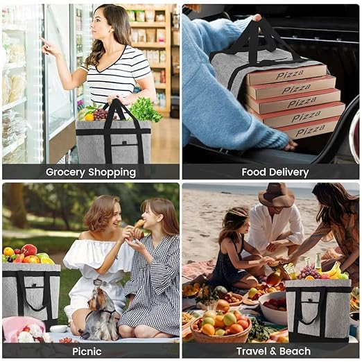 Insulated Cooler Bag, 1PK Insulate Tote Bag for Grocery Shopping, Cooler Bags Insulated for Travel/Picnic, Pizza/Food Delivery Bag to Keep Food Cold/Hot (Cationic Cloth, Non-Waterproof, Grey)