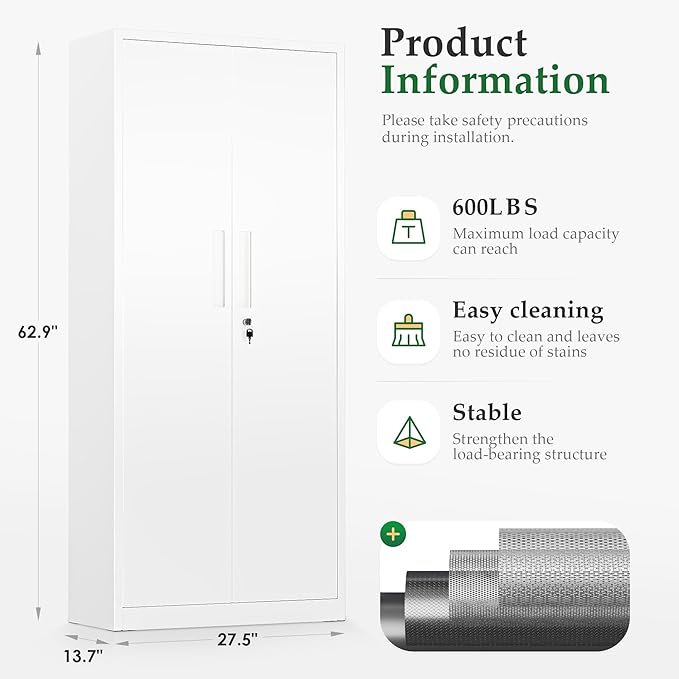 Crownland 63" Metal Storage Cabinet, Lockable Garage Storage Cabinets, High Office Cabinet with Adjustable Shelves for Garage, Home Office, Pantry, File(White)