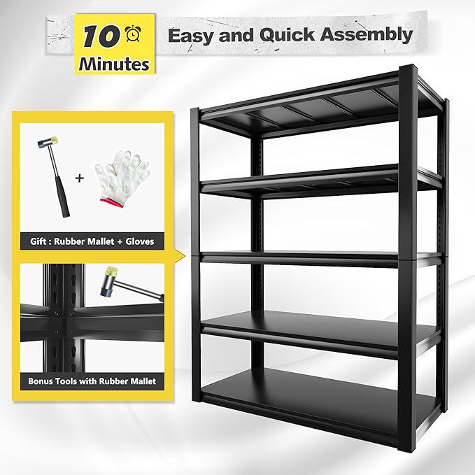 REIBII 2500LBS Garage Shelving 72" H Storage Shelves 39.8" W Metal Shelving Adjustable Garage Storage Shelves 5 Tier Heavy Duty Shelf for Basement Pantry Kitchen Warehouse
