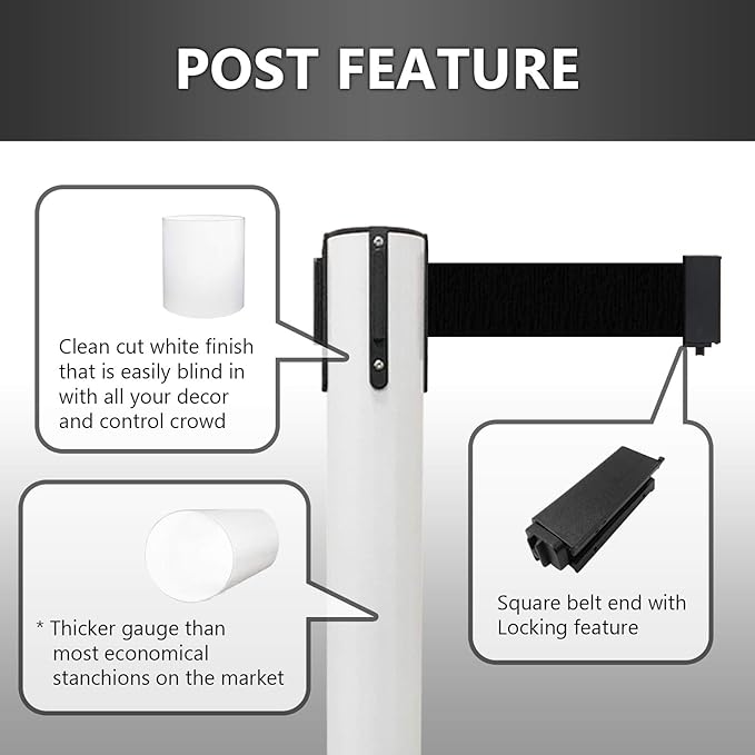 VIP Crowd Control Retractable Belt Stanchion Queue Safety Barrier Set, 36" Ht, 78" Belt (2 WHT Posts Black/Yellow Belt)