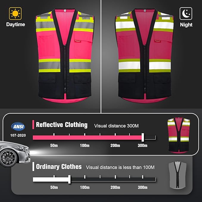 ProtectX 6 Pockets High Visibility Safety Vest for Men Women Class 2 Reflective Hi Vis Work Construction Vest