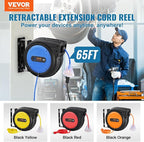 VEVOR 65FT Retractable Extension Cord Reel, 12AWG/3C SJTOW Heavy Duty Power Cord w/Lighted Electrical Triple Tap Outlets, 15A Circuit Breaker,180° Swivel Bracket for Workshop or Garage, Blue