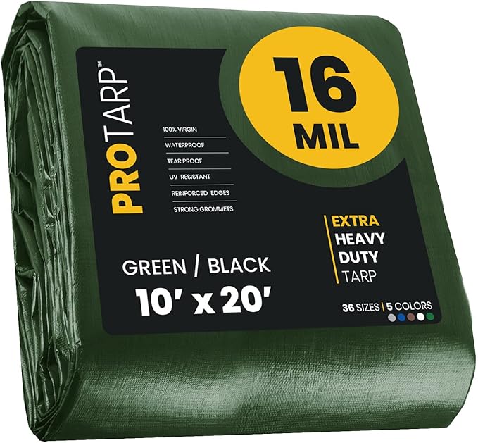 PROTARP Extra Heavy Duty 16 Mil Tarp Cover, Waterproof, UV Resistant, Rip and Tear Proof, Poly Tarpaulin with Reinforced Edges for Roof, Camping, Patio, Pool, Boat. (Green/Black 10′ X 20′)