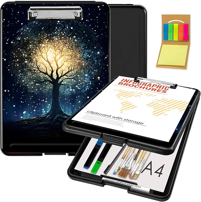 Clipboard with Storage,Office Supplies Nursing Clipboards Folder with Pen Holder Plastic Foldable Clip Board with Storage for Nurse Teacher,Galaxy Tree