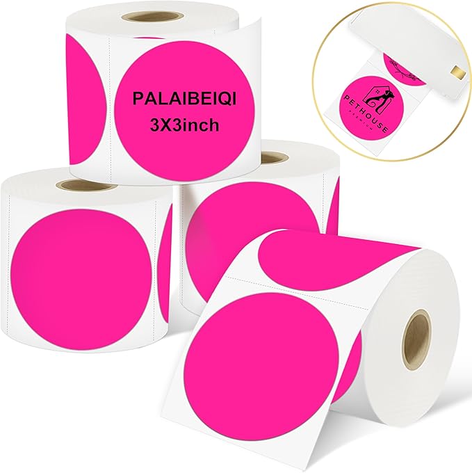 3 X 3 Inch Round Thermal Labels Circle Color Coding Labels Printable Waterproof 500PCS Round Stickers Adhesive Writable for Home, Garage, DIY Sticker, Barcodes,4 Rolls of Fluorescent Pink