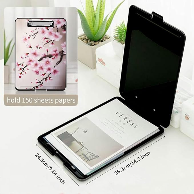 A4 Clipboards,Folder Clipboard with Storage Cherry Blossom Heavy Duty Clip Boards Waterproof Nursing Plastic File Folder Storage Box Clipboard Case for Teacher,Doctor,Office