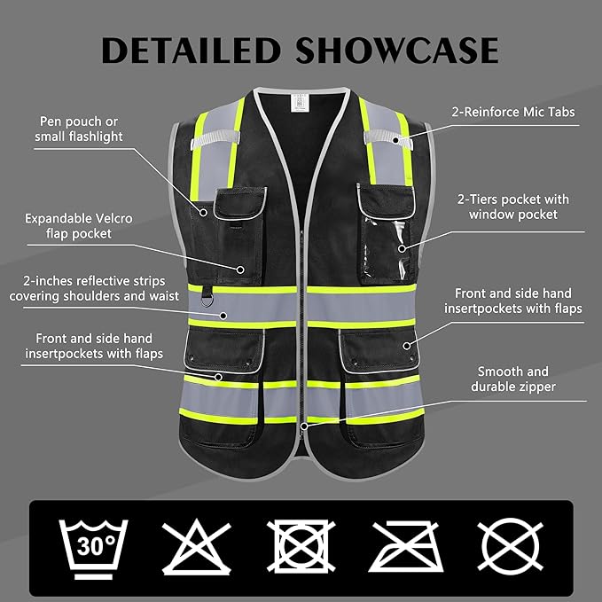 Reflective Safety Vest for Men Women, High Visibility Safety Vest with 8 Pockets Zipper Front, Meets ANSI Standards