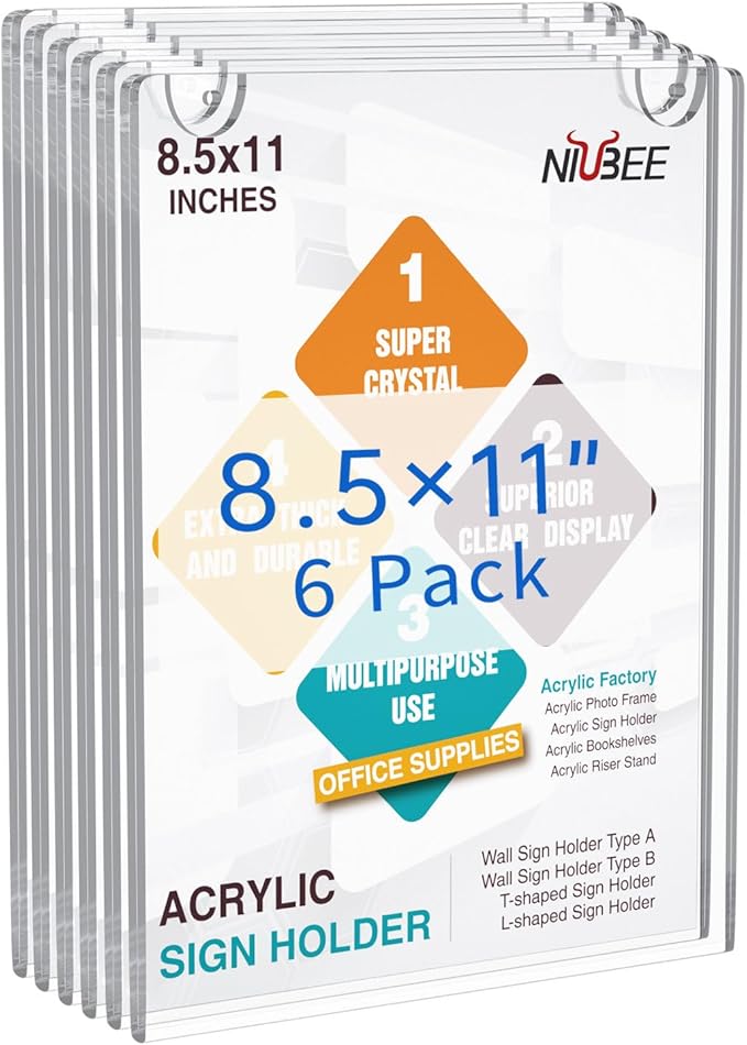 NIUBEE 20 Pack Acrylic Sign Holder 8.5 x 11 inches Clear Wall Mount Frame Bonus , Wall Mount Plastic Sign Holder Perfect for Home, Office, Store, Restaurant- Vertical