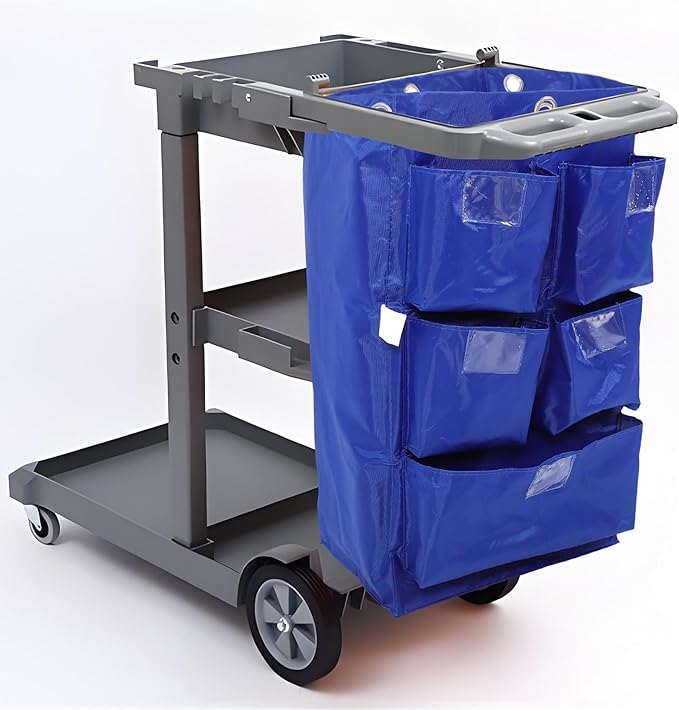Waterproof Housekeeping Cart Bag with 5 Pockets, Blue Canvas Replacement Cleaning Trolley Bag for Janitorial Supplies and Trash Collection in Hotels and Commercial Cleaning