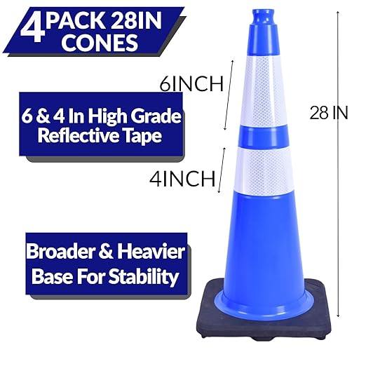BESEA 4PACK 28 inch Traffic Safety Cones Blue Road Parking Cones 28" Heavy Duty Construction Cone Structurally Stable for Traffic Control at Public Place(4PCS)