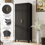Metal Pantry Cabinet with 2 Doors and Adjustable Shelves - 71" Kitchen Storage Cabinet with Gold Handles - Versatile Storage for Kitchen, Bathroom, Dining Room, Utility Room - Black