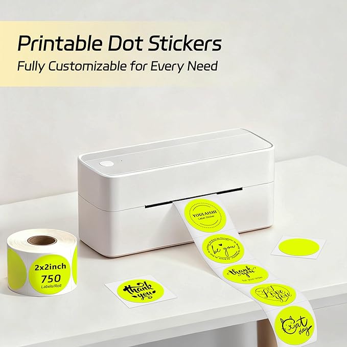 2 inch Dot Stickers Labels Circle Garage Sale Sticker 750Pcs Round Thermal Printer Stickers Printable Writable Price Labels for Yard Sale, Fluorescent Yellow