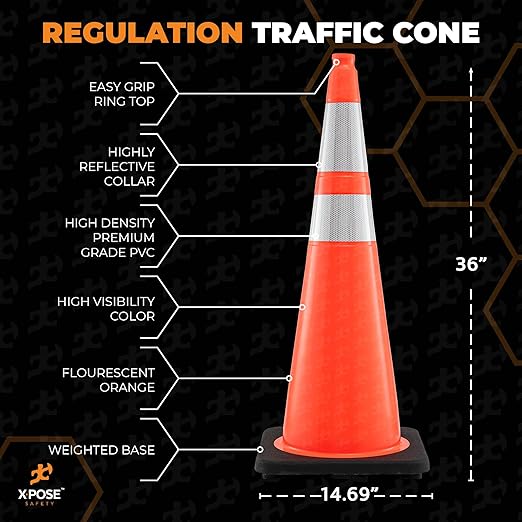 Xpose Safety 36 Inch Orange Traffic Cones with 6" & 4" Collars, 12-Pack - Multipurpose PVC Plastic Safety Cone for Parking, Soccer, Caution, Kids and Construction - DOT Approved