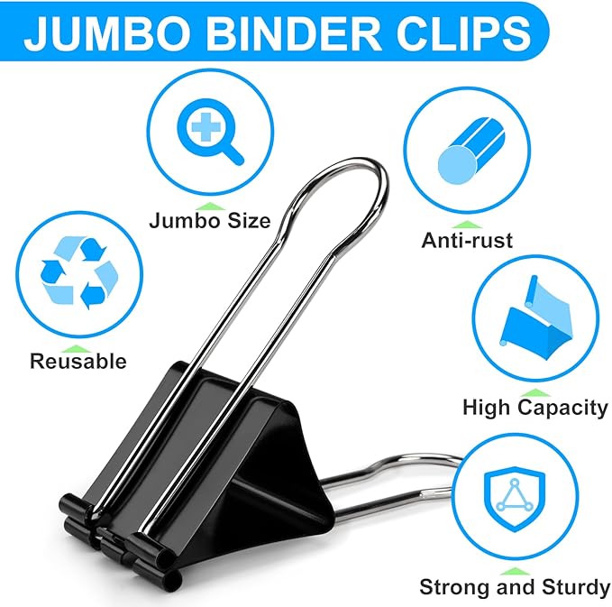 OWLKELA 2.4 inch Extra Jumbo Binder Clips 2 Pcs, Large Paper Clip, Big Paper Clamps, Binder Clips Large Size for Home, School and Office Supplies