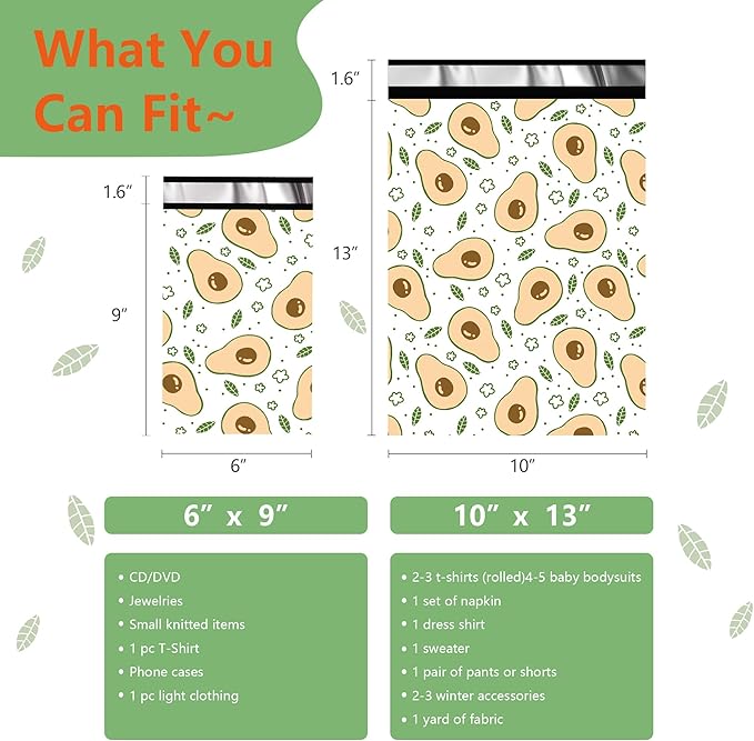 Poly Mailers 10x13 Inch 100 Pcs - Avocado printed Shipping Bags, 2.4mil Thickness, Waterproof and Tear Resistant Mailing Envelopes, Self-Sealing Packaging Bags for Small Business