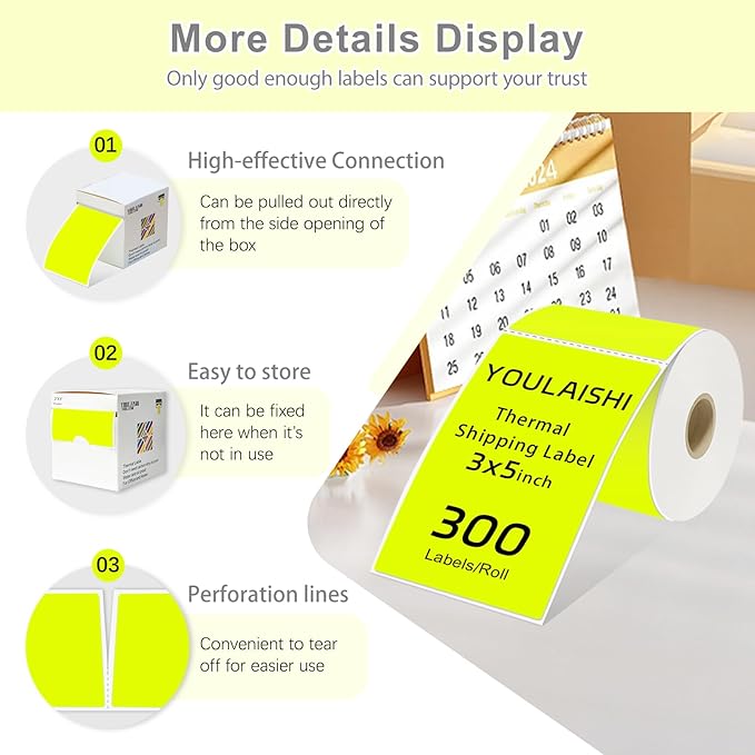 3 X 5 Inch Printable Rectangle Color Coding Labels, 300 Per Roll Adhesive Color Coding Stickers for Bar-Codes, Address, Small Business Labeling, Inventory, Fluorescent Yellow
