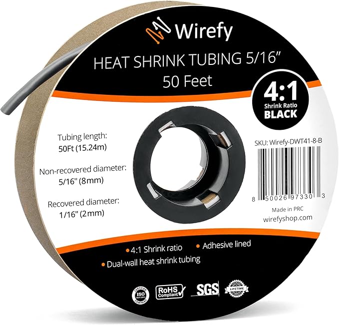 Wirefy 5/16" Heat Shrink Tubing - 4:1 Ratio - Adhesive Lined - Resistant Heat Shrink - 50 Feet Roll - Black