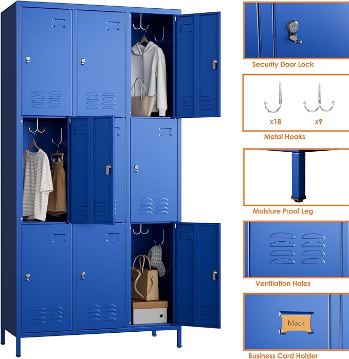 Employee Lockers with 9 Doors,Metal Locker for Employees with 27 Hooks,Metal Locker for Home Office,Assembly Required,Blue