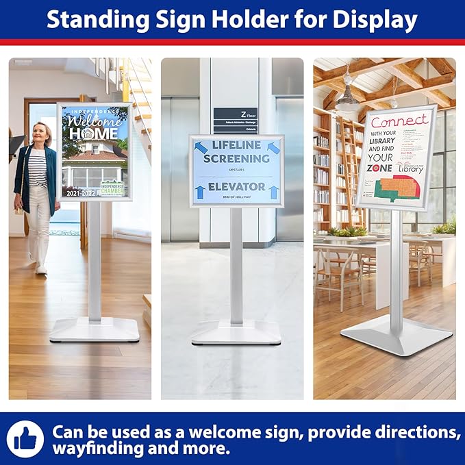 Pedestal Sign Holder 11x17inch Adjustable Floor Stand With Heavy Base & Snap Frame Display for Indoor Outdoor Business Store Poster (Silver)