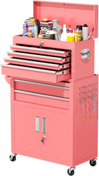 Greenvelly Tool Chest, 8-Drawer Rolling Tool Chest with Hooks and Lockable Wheels,Metal Storage Detachable Top Tool Box with Lockable Wheels for Garage,Workshop,Art Studio(Pink)