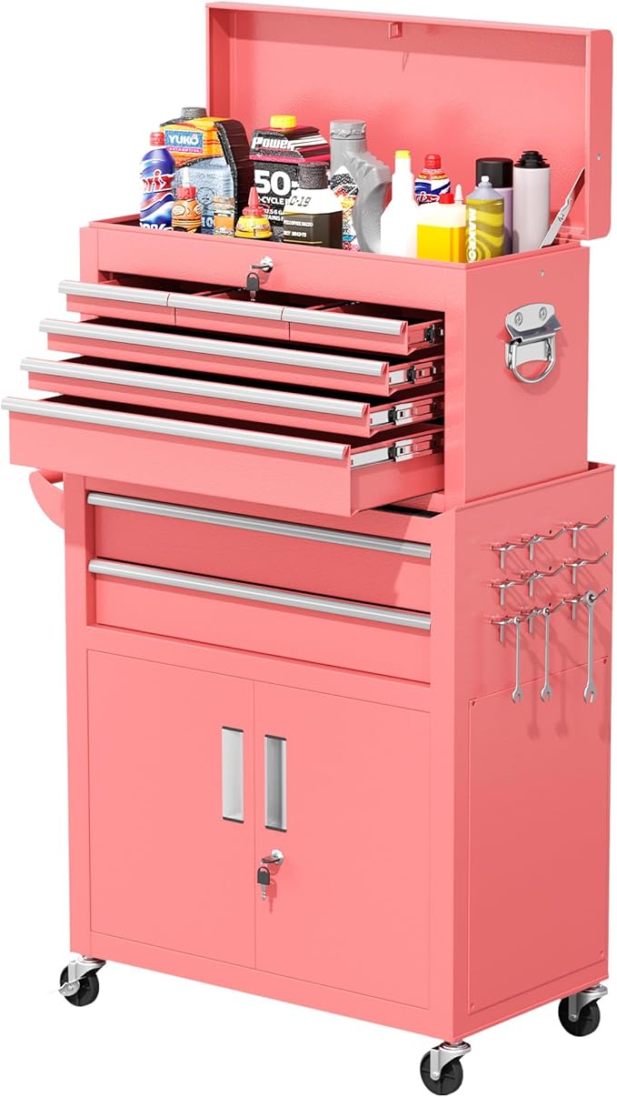 Greenvelly Tool Chest, 8-Drawer Rolling Tool Chest with Hooks and Lockable Wheels,Metal Storage Detachable Top Tool Box with Lockable Wheels for Garage,Workshop,Art Studio(Pink)