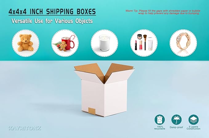 4x4x4 inch Small Shipping Boxes, White Corrugated Cardboard Boxes for E-Commerce, Mailing, Storage, Gifts Wrapping, 25 Pack